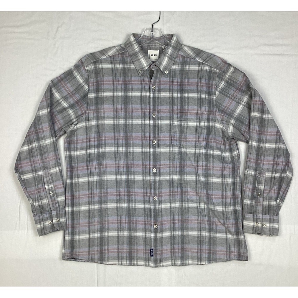 ROWM Corduroy Button Down Long‎ Sleeve Men's Large Gray & Salmon Plaid